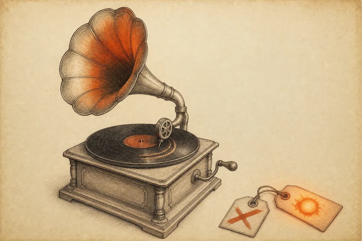 An ink-line drawing of an old gramophone on aged paper, its needle stuck in one groove worn deep into the record; two price tags rest at the corner of the page, the old one crossed out, the new one showing a smaller number