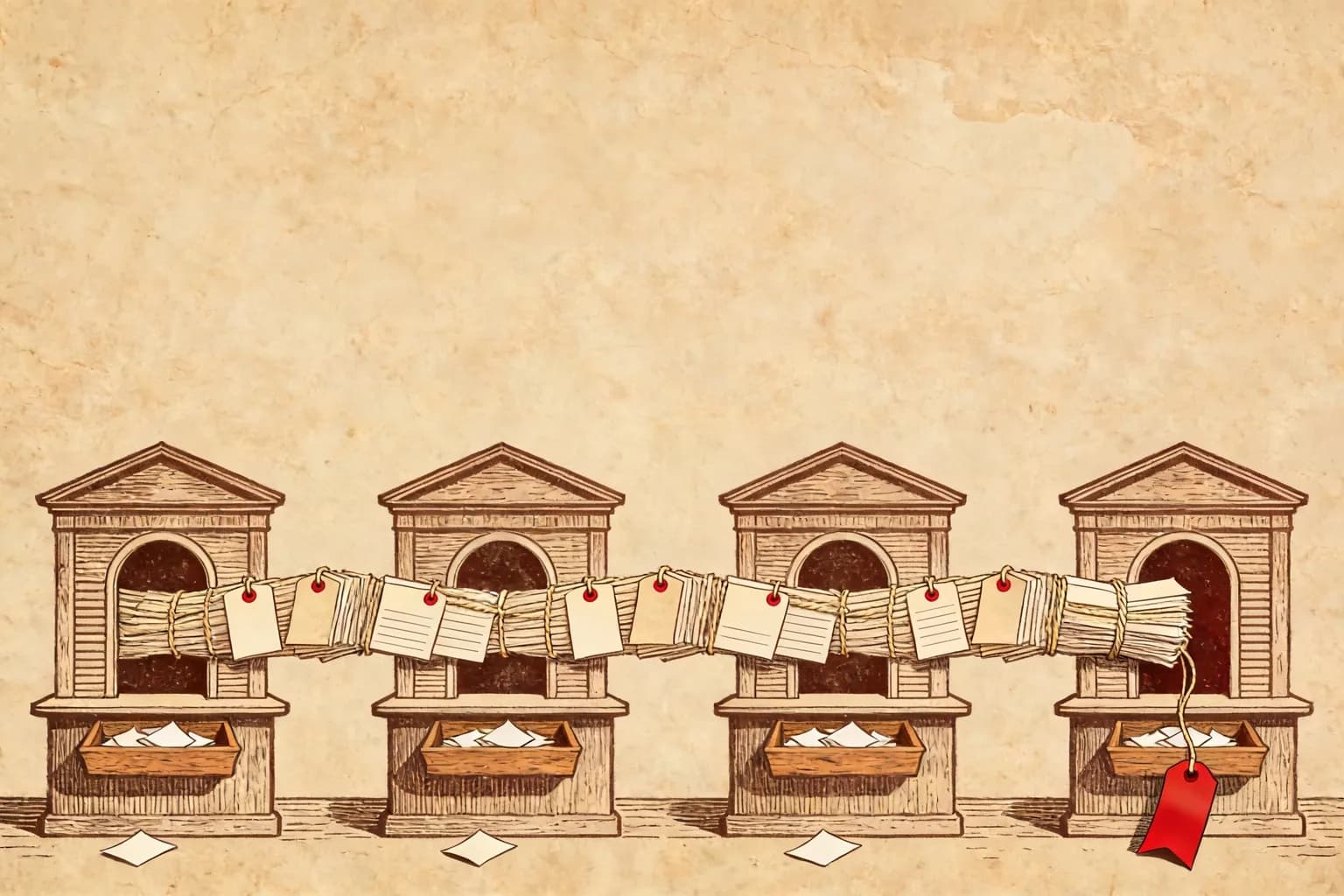 泛黄纸面上的手绘墨线插画:一排海关窗口,旅人把一摞索引卡递过去,每个窗口下的托盘接住掉落的标签,从最后一个窗口出来的卡片变薄了,其中一张标签倒贴着