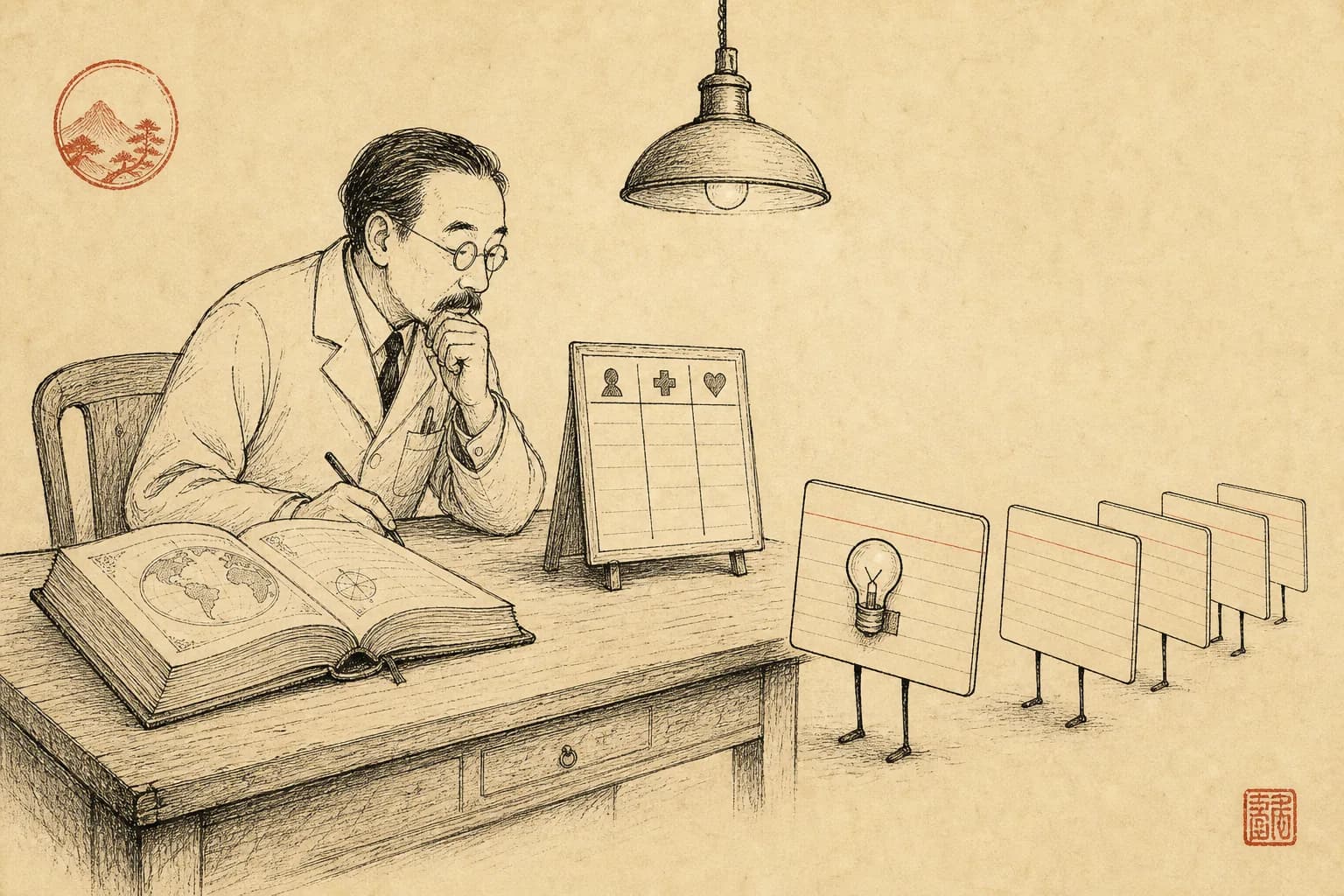 暖纸底色上的墨线插画：一张医生问诊台，台上摊开一本世界书，旁边立着一张分诊表，几张索引卡排队等待检查，其中一张贴着熄灭的灯泡