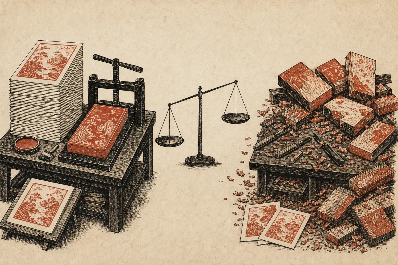 暖纸底色的雕版印刷对比图：左边一块朱红雕版反复刷印出一摞相同的纸页，右边每印一页都要重刻一块新版，废版堆成小山，中间立着一杆墨线小天平