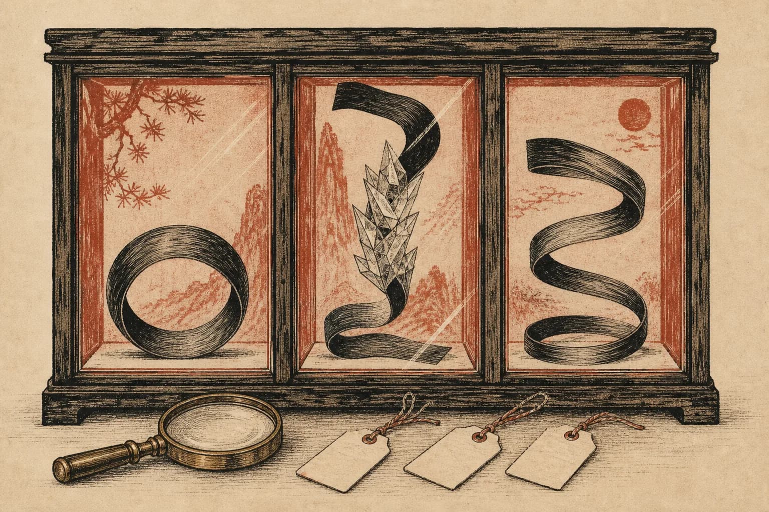 暖纸底色的标本柜插画:三条墨线书脊并排陈列,第一条绕成闭环,第二条中途冻结成冰,第三条末端悄悄卷回起点,柜前压着一枚放大镜和三张标本签
