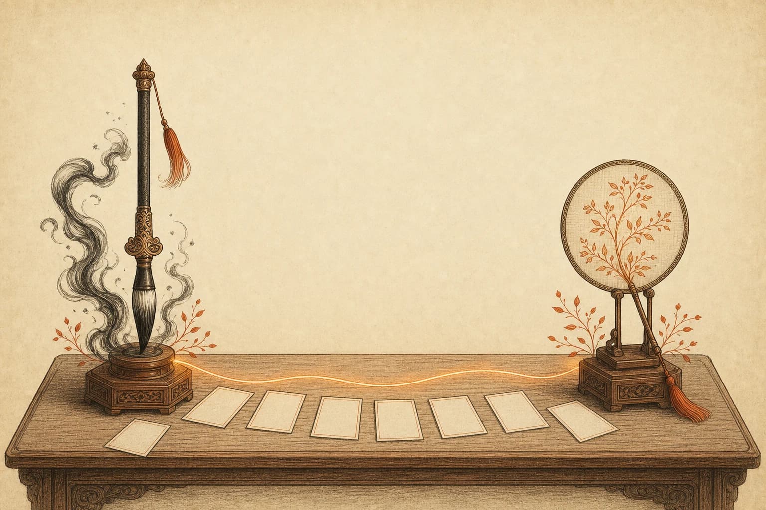 Two podiums side by side — an ink-brush sword trophy on the left, an embroidered palace fan trophy on the right — with one row of model nameplates facing two different champions