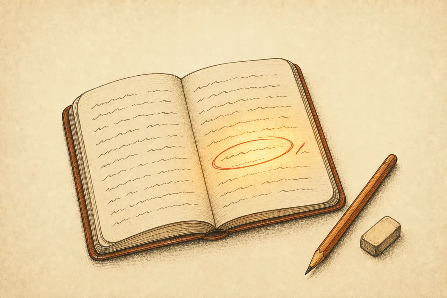 Hand-drawn ink illustration: an open pocket notebook with short handwritten lines, one line circled in cinnabar red, a pencil and eraser resting beside it on warm paper