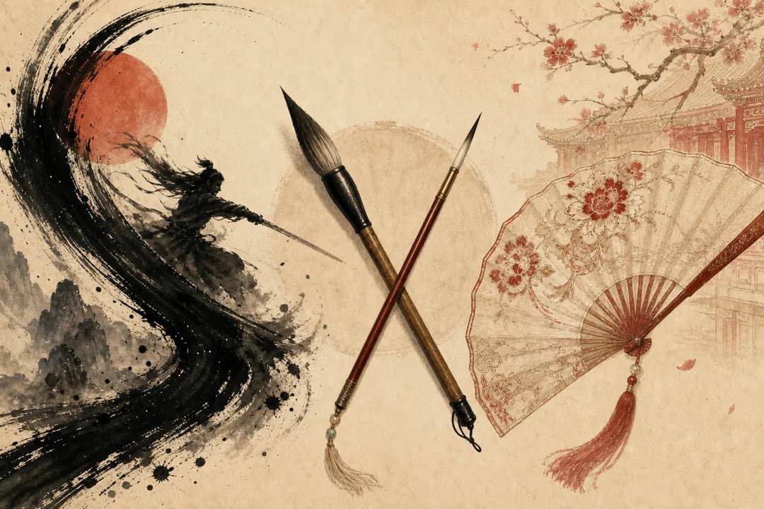 Two crossed calligraphy brushes between an ink wuxia slash and an embroidered palace fan