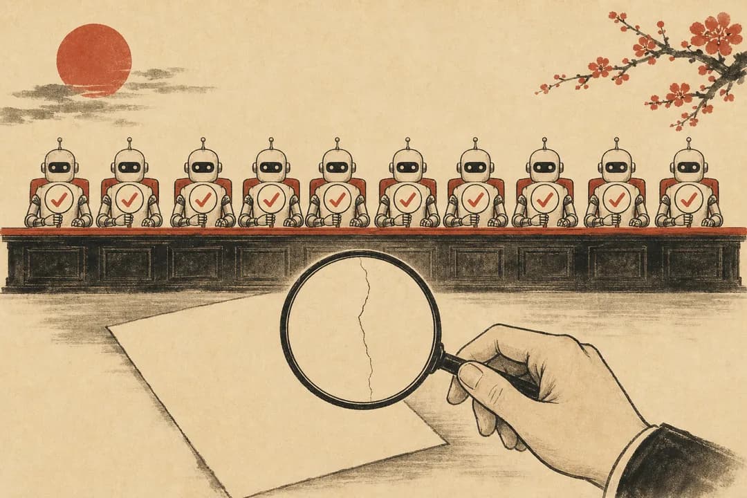 暖纸底插画:一排整齐的机器人评委全部举着对勾牌,前景一只人类的手持放大镜,照出纸面上一道细如发丝的接缝