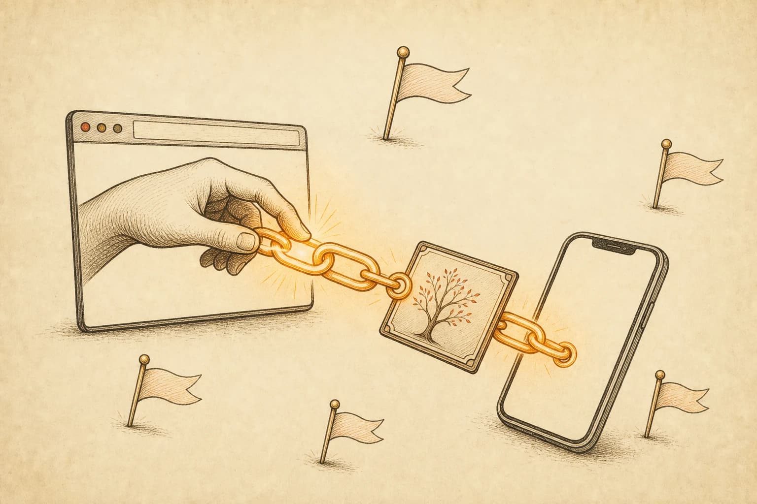 Hand-drawn ink illustration: a hand pulls a glowing chain out of a browser window into a phone screen, a character card fastened to the chain's end, five small site flags scattered around