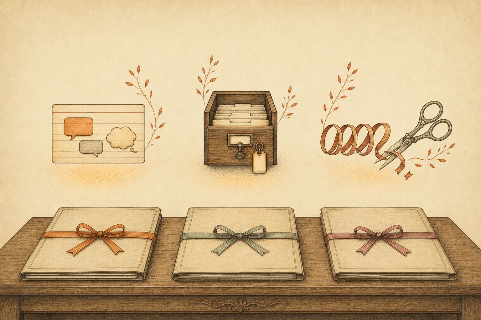 A clinic desk with three patient folders tied in different ribbons; above them hover their remedies: a card with speech bubbles, a keyed index drawer, and a looping ribbon being cut by scissors
