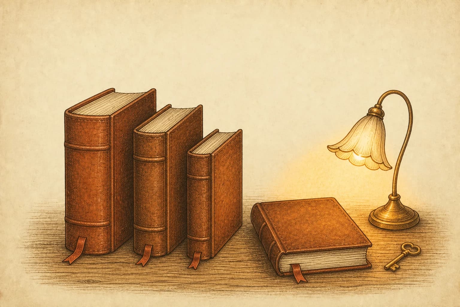 手绘墨线插画:五份合同文书在长桌上一字排开,每份的边界条款处贴着不同高度的朱红标签,一盏台灯照亮桌面,无人像