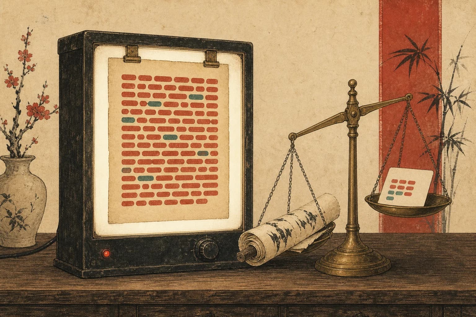 暖纸底色的墨线插画:木桌上一台老式 X 光灯箱夹着一页手稿,稿面词块大多亮朱红、零星几块青色;旁边一杆黄铜小天平,手写卷轴一端沉下去,机器打印的卡片一端翘起来