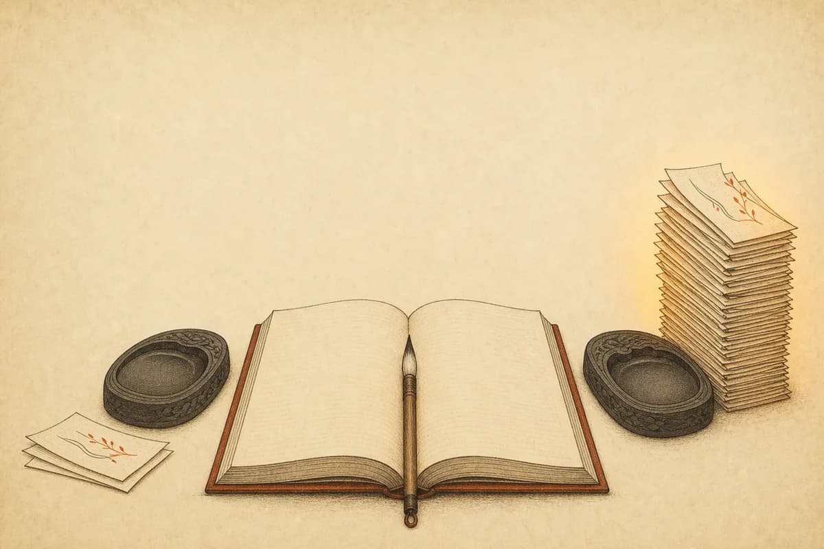 Warm-paper ink illustration: two inkstones facing off across an open manuscript page, twenty paper ballot slips stacked beside the right stone and only three beside the left, a single brush resting on the page's center fold