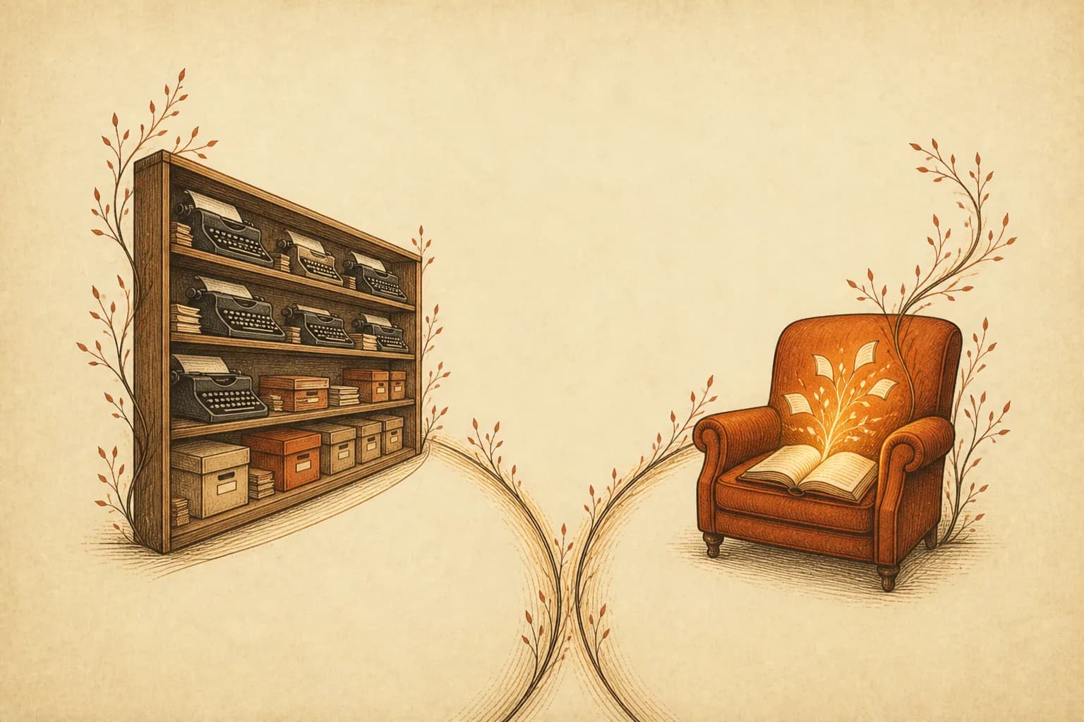 Two shop aisles diverge: one shelf stacked with typewriters and manuscript boxes, the other holding a single armchair with an open book sprouting a small branch