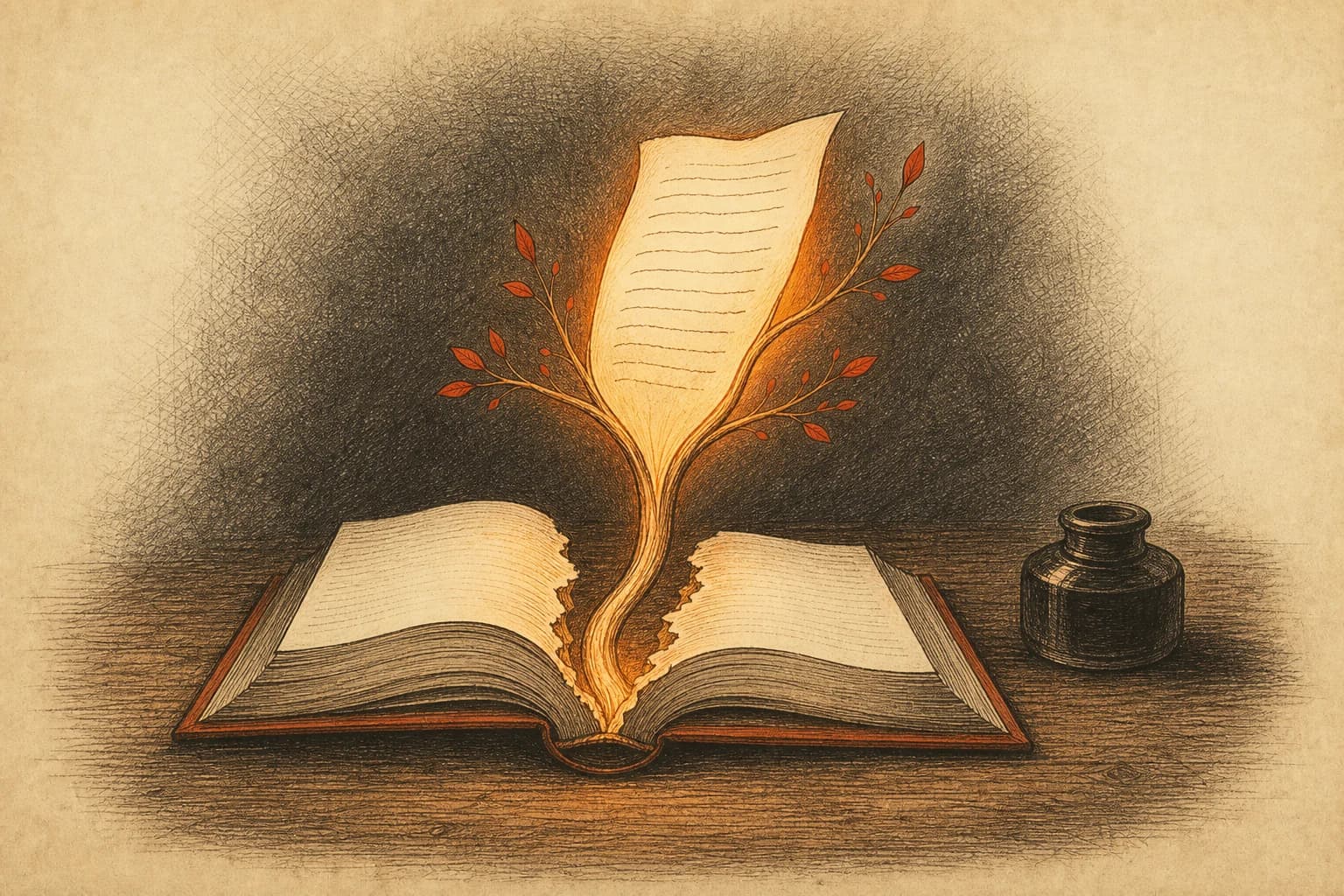A night desk with a thick book lying open to its torn final pages; from the tear, a fresh handwritten page rises like a grafted branch, lit warm against the dark
