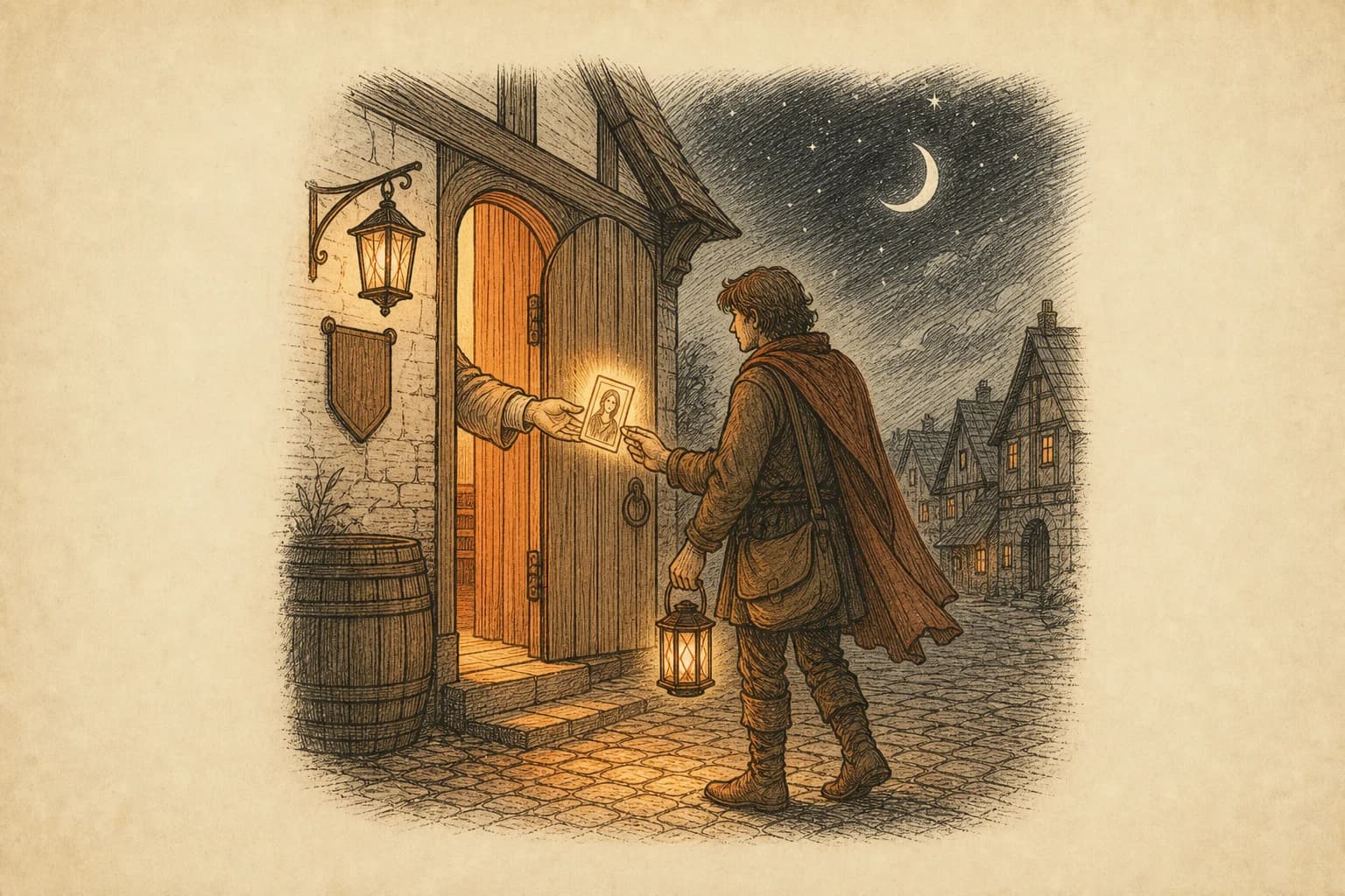 A half-open tavern door spilling warm light onto a night street, a hand passing a glowing portrait card through the doorway to a traveler holding a lantern