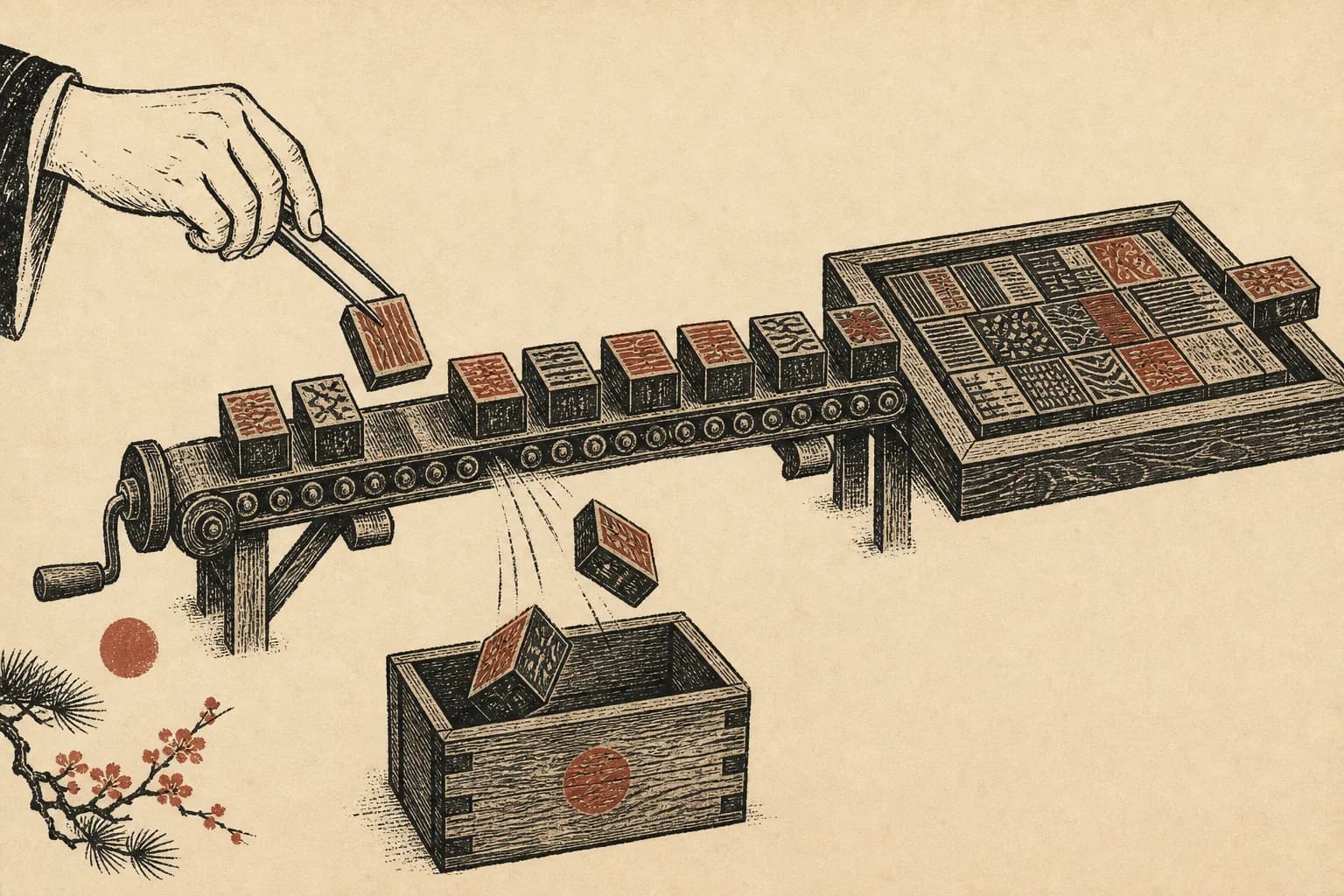暖纸底色的版画:一列刻着字的木活字块沿传送带排队进入印版,有两块掉进传送带下的木匣,一块被贴上新标签换进队伍,印版末端多出一块歪斜的字模