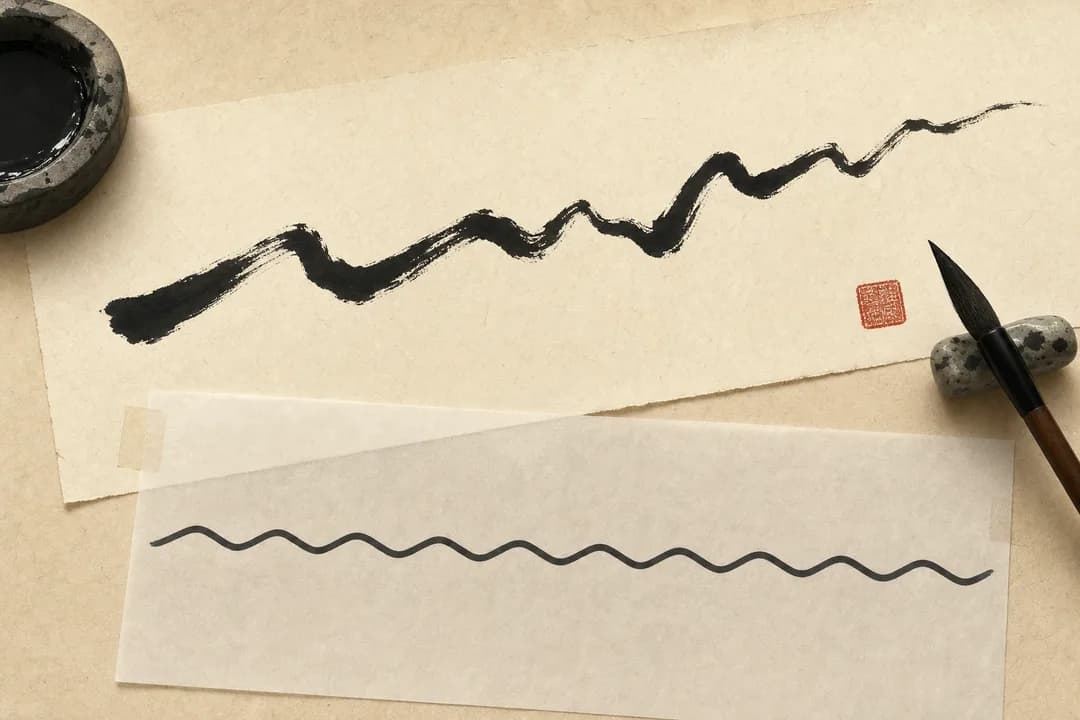 宣纸上一道狂放的手写笔画,下方描图纸上是机器临摹出的完全均匀的波浪线,旁边一枚朱红印章