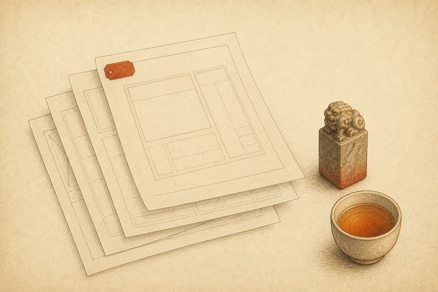 手绘墨线插画:四层透明描图纸叠放在书桌上,每层画着不同的排版框架,最上层的朱红标签清晰可见,旁边一枚印章和一杯茶