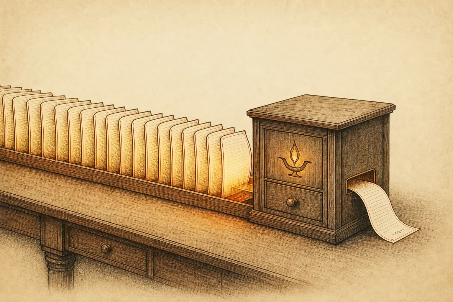 A stack of identical manuscript pages on one side of a balance scale, a single fresh page on the other, drawn in warm ink