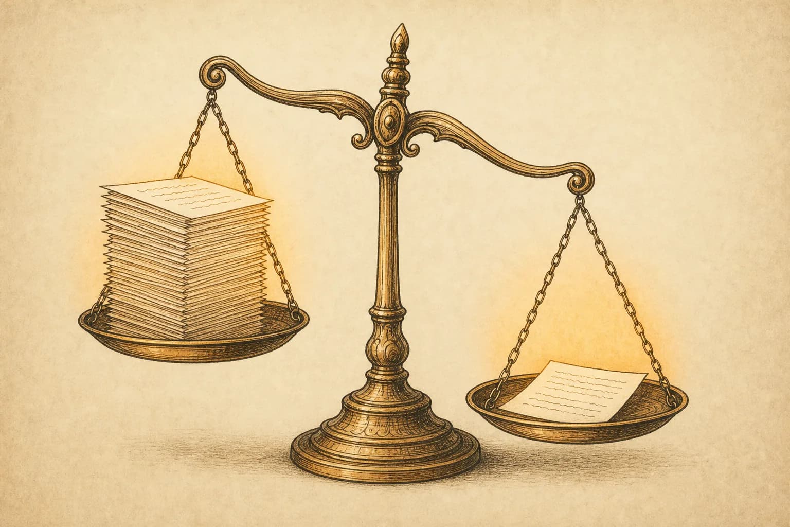 一摞重复的书页叠放在天平一侧,只有最上面一张新页放在另一侧,天平向新页倾斜
