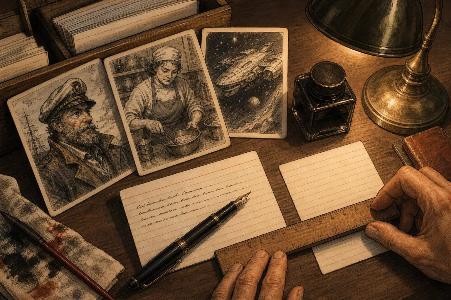 A writing desk with character sketches, an index card being measured with a ruler, a fountain pen and an inkwell